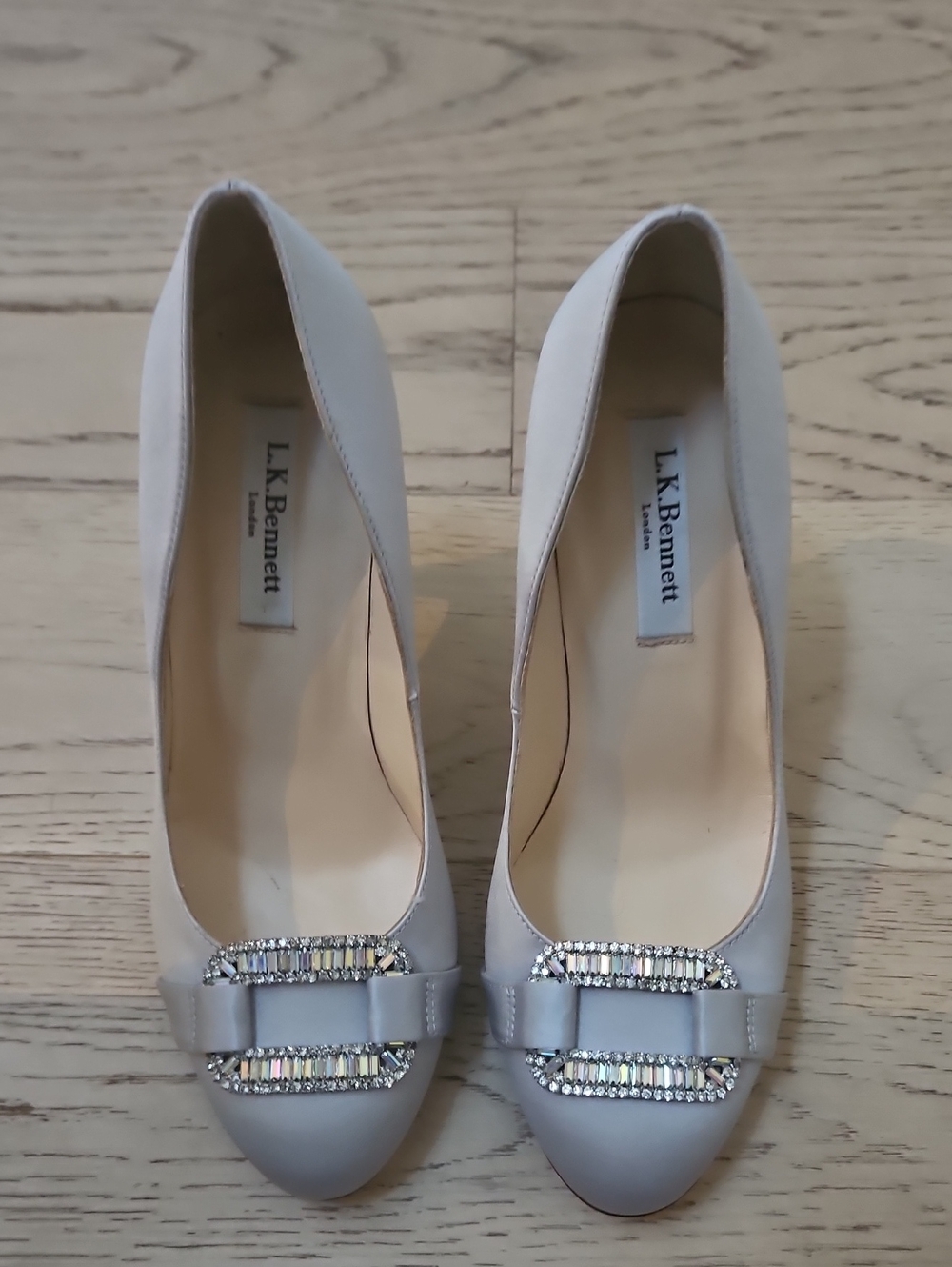 LK Bennett Icy Grey Crystal-Buckle Satin Pumps